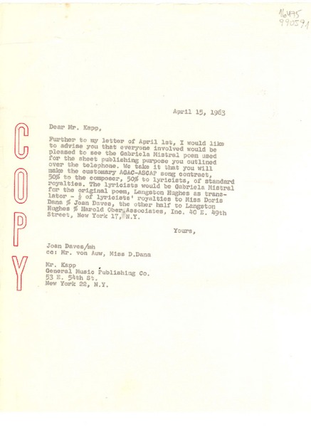 [Carta] 1963 Apr. 15, [EE.UU.] [a] Mr. Kapp, General Music Publishing Co., 53 E. 54th St., New York 22, N. Y., [EE.UU.]