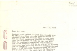 [Carta] 1963 Apr. 15, [EE.UU.] [a] Mr. Kapp, General Music Publishing Co., 53 E. 54th St., New York 22, N. Y., [EE.UU.]
