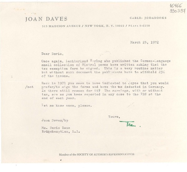 [Carta] 1972 Mar. 23, New York, [Estados Unidos] [a] Ms. Doris Dana, Bridgehampton, L. I.