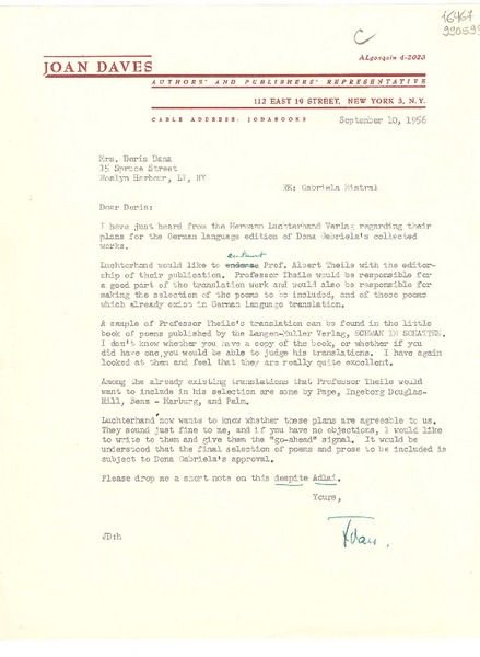 [Carta] 1956 Sept. 10, New York, [Estados Unidos] [a] Mrs. Doris Dana, 15 Spruce Street, Roslyn Harbour, LI, NY