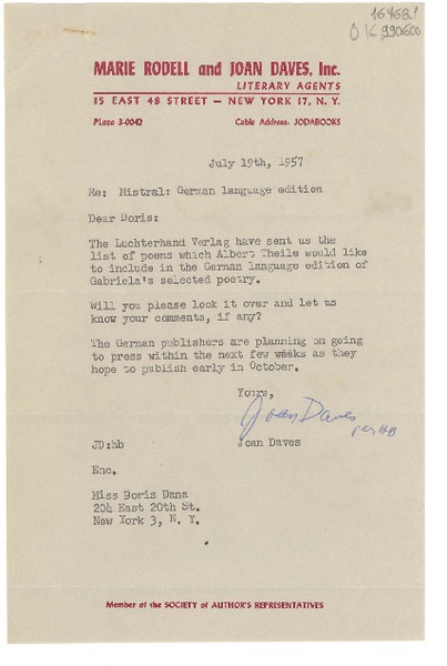 [Carta] 1957 July 19, New York, [Estados Unidos] [a] Miss Doris Dana, 204 East 20th St., New York