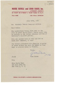 [Carta] 1957 July 19, New York, [Estados Unidos] [a] Miss Doris Dana, 204 East 20th St., New York