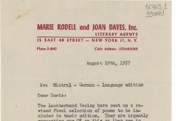 [Carta] 1957 Aug. 19, New York, [Estados Unidos] [a] Miss Doris Dana, 204 East 20th St., New York
