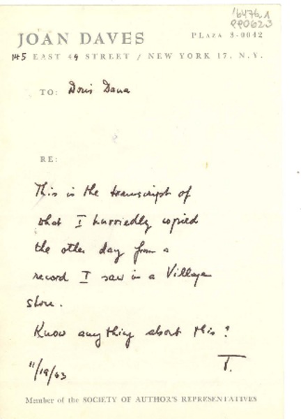 [Carta] 1963 Nov. 19, 145 East 49 Street, New York 17, N. Y., [EE.UU.] [a] Doris Dana, [EE.UU.]