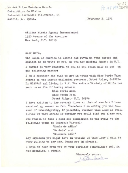 [Carta] 1971 Feb. 2, Madrid, Spain [a] William Mirris Agency Incorporated, 1350 Avenue of the Americas, New York, N. Y.
