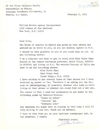 [Carta] 1971 Feb. 2, Madrid, Spain [a] William Mirris Agency Incorporated, 1350 Avenue of the Americas, New York, N. Y.