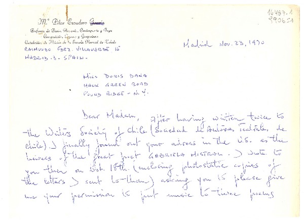 [Carta] 1970 Nov. 23, Raimundo Fdez. Villaverde, 15, Madrid 3, Spain [a] Miss Doris Dana, Hack Green Road, Pound Ridge, N. Y., [EE.UU.]
