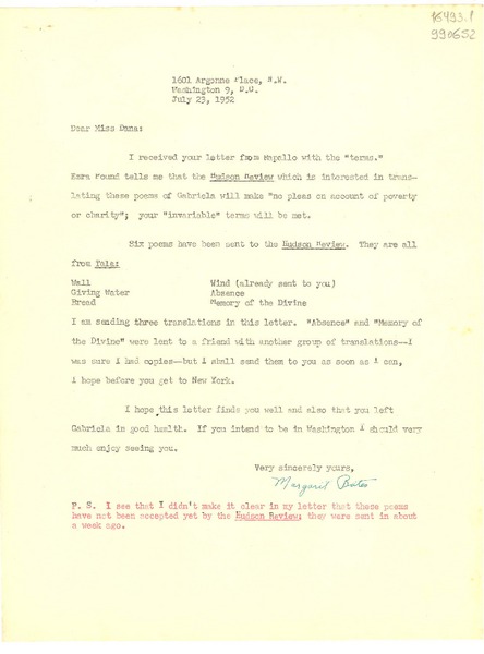 [Carta] 1952 July 23, Washington D. C., [Estados Unidos] [a] Dear Miss Dana
