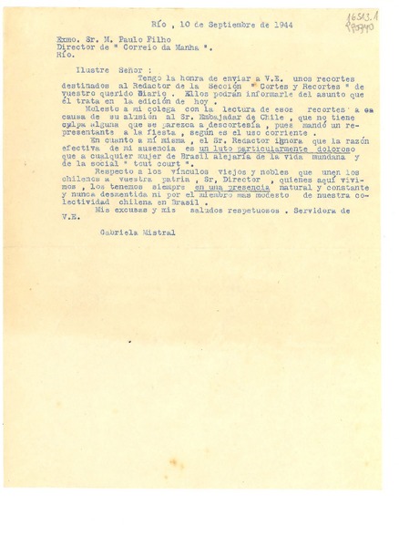 [Carta] 1944 sept. 10, Río, [Brasil] [al] Exmo. Sr. M. Paulo Filho, Director de "Correio da Manha", Río, [Brasil]