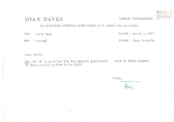 [Carta] 1974 Mar. 7, [New York, Estados Unidos] [a] Doris Dana