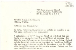 [Carta] 1948 abr. 28, 729 East Anapamu Street, Santa Barbara, California, [Estados Unidos] [a] Arnoldo Mondadori, Milano, Italia