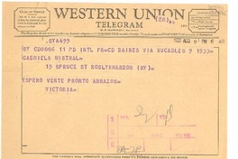 [Telegrama] 1955 ago. 9, Buenos Aires, [Argentina] [a] Gabriela Mistral, Roslyn Harbor