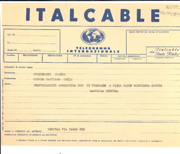 [Telegrama] [1952?], [Nápoles, Italia] [a] Presidente [Carlos] Ibañez [del Campo], [La] Moneda, Santiago, Chile