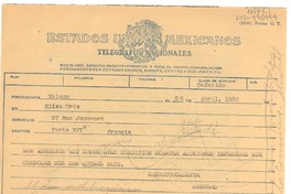 [Telegrama] 1950 abr. 26, Jalapa, [Ver., México] [a] Elisa Uris, París, Francia