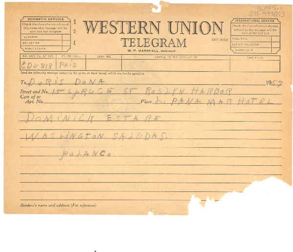 [Telegrama] 1957 [ene.?], [a] Doris Dana