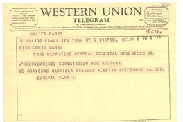 [Telegrama] 1957 jan. 6, [a] Doris Dana, Hempstead General Hospital, Hempstead, New York, [Estados Unidos]