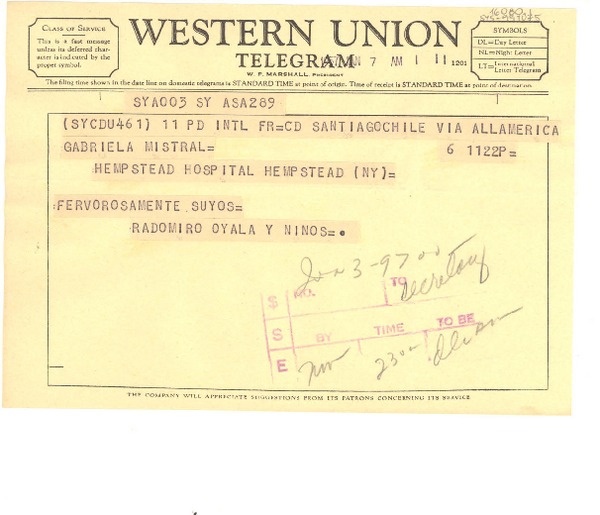 [Telegrama] 1957 jan. 7, Santiago, Chile [a] Gabriela Mistral, Hempstead General Hospital, New York, [Estados Unidos]