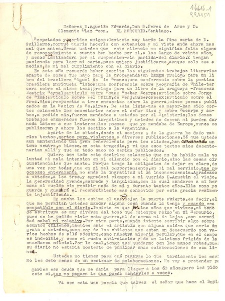 [Carta] 1942 nov. 27, Petrópolis, [Brasil] [a los] Señores D. Agustin Edwards, Don G. Perez de Arce y D. Clemente Diaz León, El Mercurio, Santiago, [Chile]