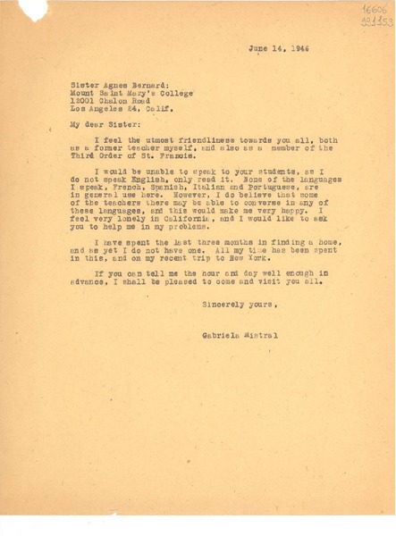 [Carta] 1946 June 14, [Estados Unidos] [a] Sister Agnes Bernard, Los Angeles, California