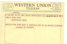 [Telegrama] 1957 jan. 9, Montevideo, [Uruguay] [a] Doris Dana, Hempstead Hospital, New York, [Estados Unidos]