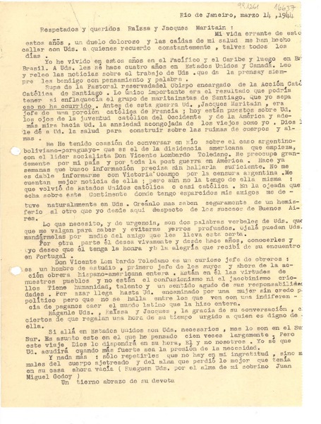 [Carta] 1944 mar. 14, Rio de Janeiro, [Brasil] [a los] Respetados y queridos Raissa y Jacques Maritain