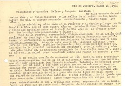 [Carta] 1944 mar. 14, Rio de Janeiro, [Brasil] [a los] Respetados y queridos Raissa y Jacques Maritain