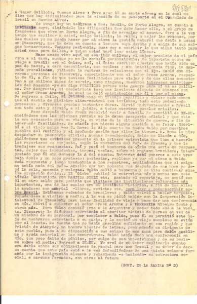 [Carta] 1943 jun. 19, Petrópolis, [Brasil] [a] Roger Caillois, Buenos Aires, [Argentina]