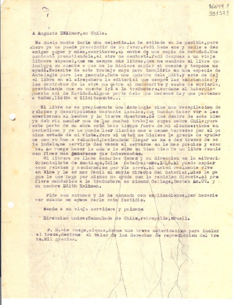 [Carta] [c.1943] Petrópolis, Brasil [a] Augusto D'Halmar, Chile