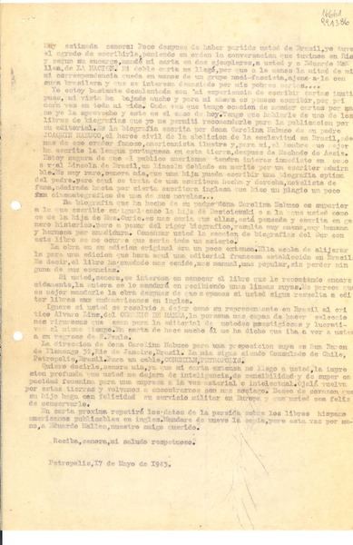 [Carta] 1943 abr. 17, Petrópolis, [Brasil] [a la] Muy estimada señora [Martha Salotti?]