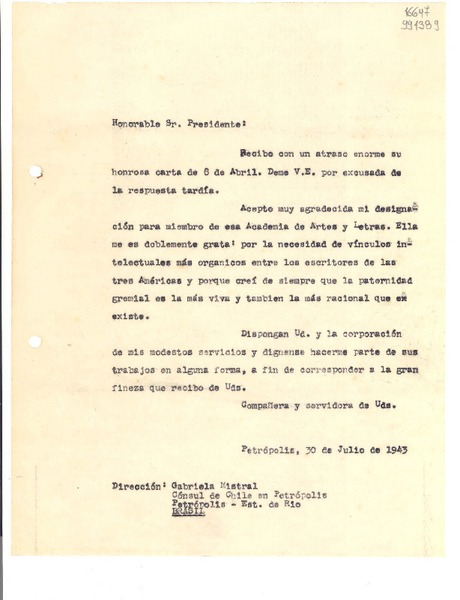 [Carta] 1943 jul. 30, Petrópolis, Brasil [a] Honorable Sr. Presidente