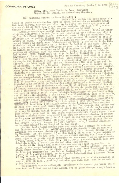 [Carta] 1946 jun. 7, Rio de Janeiro, Brasil [a la] Exma. Sra. Doña Lydia de Goes Monteiro, Legación de Brasil en Estocolmo, Suecia