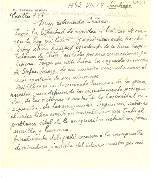[Carta] 1942 sep. 14, Santiago, [Chile] [a] [Gabriela Mistral]