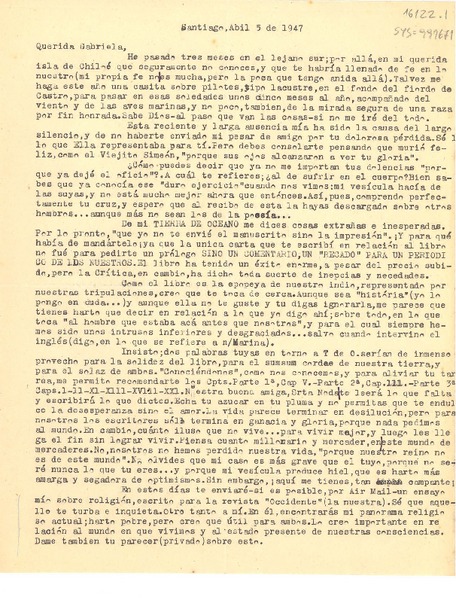 [Carta] 1947 abr. 5, Santiago, [Chile] [a] Gabriela [Mistral]