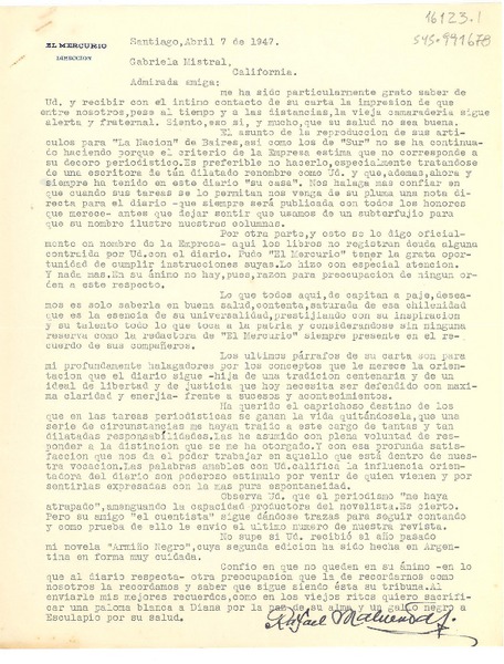 [Carta] 1947 abr. 7, Santiago, [Chile] [a] Gabriela Mistral, California, [Estados Unidos]