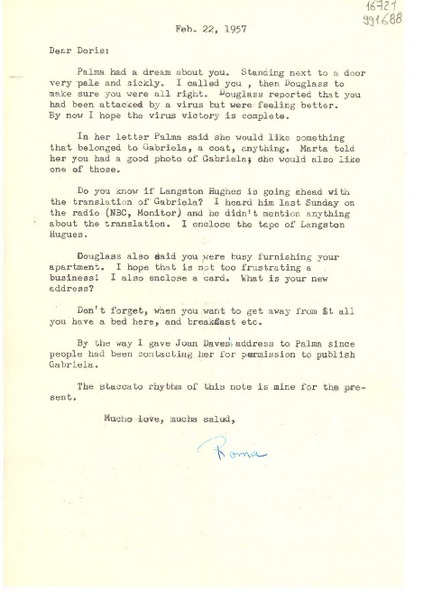 [Carta] 1957 Feb. 22, [Estados Unidos] [a] Dear Doris