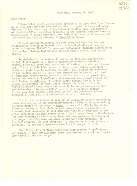 [Carta] 1957 Jan. 23, [Estados Unidos] [a] Dear Doris