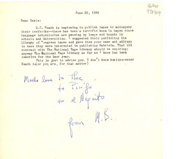 [Carta] 1959 June 22, [EE.UU.] [a] Dear Doris [Dana]