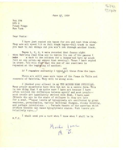 [Carta] 1959 June 27, [EE.UU.] [a] Dear Doris [Dana], Box 284 RFD 2, Pound Ridge, New York, [EE.UU.]