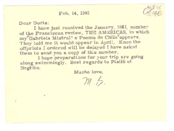 [Carta] 1961 Feb. 14, [Estados Unidos] [a] Dear Doris