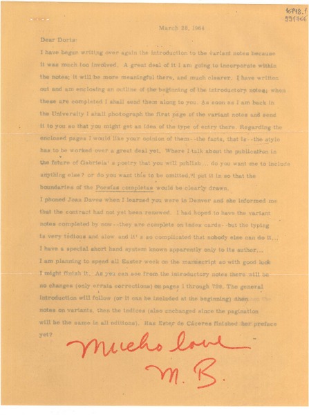 [Carta] 1964 Mar. 28, [Estados Unidos] [a] Dear Doris