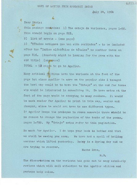 [Carta] 1964 July 24, [Estados Unidos] [a] Dear Doris