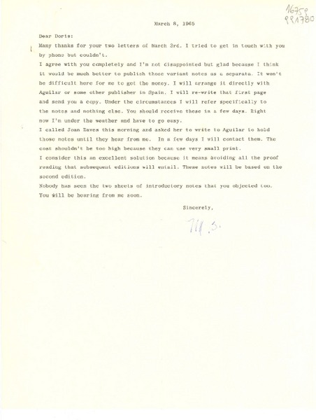 [Carta] 1965 Mar. 8, [EE.UU.] [a] Dear Doris [Dana]