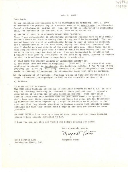 [Carta] 1967 Feb. 3, 5914 Carlton Lane, Washington 20016, D. C., [EE.UU.] [a] Dear Doris [Dana]
