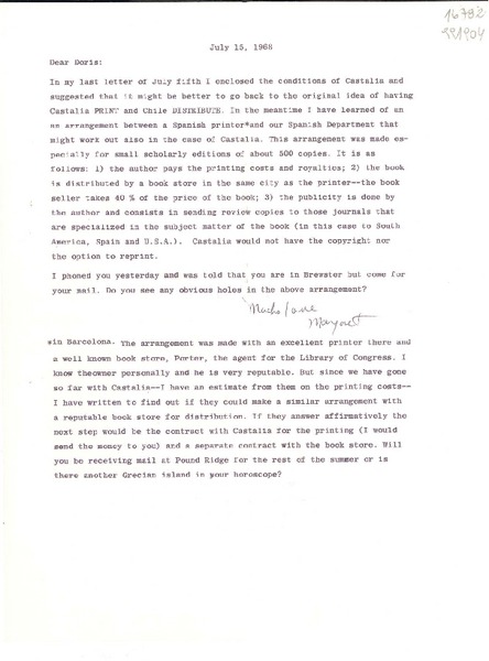 [Carta] 1968 July 15, [EE.UU.] [a] Dear Doris [Dana]