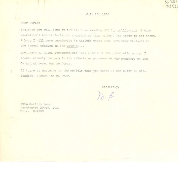 [Carta] 1965 July 18, Washington D. C., [Estados Unidos] [a] Dear Doris