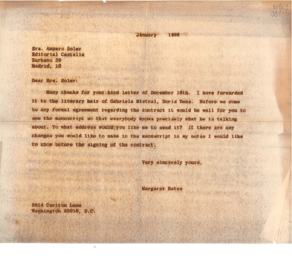 [Carta] 1966 Jan., Washington D. C., [Estados Unidos] [a] Sra. Amparo Soler, Editorial Castalia, Zurbano 39, Madrid