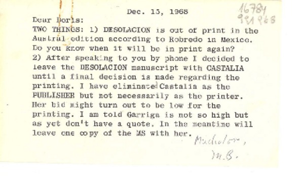 [Carta] 1968 Dec. 15, [EE.UU.] [a] Dear Doris [Dana]