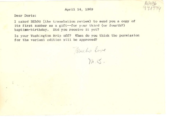 [Carta] 1969 Apr. 14, [EE.UU.] [a] Dear Doris [Dana]