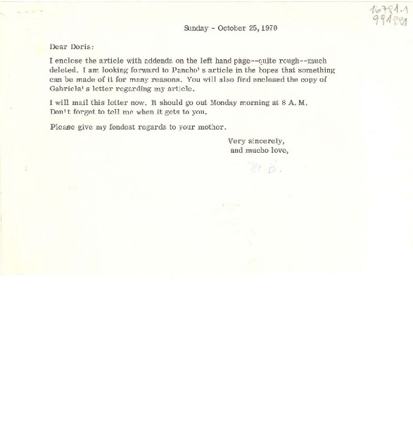 [Carta] 1970 Oct. 25, [EE.UU.] [a] Dear Doris [Dana]