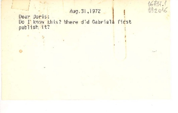 [Carta] 1972 Aug. 31, [Estados Unidos] [a] Dear Doris